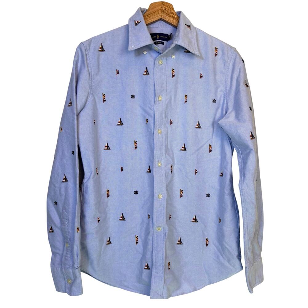 Ralph Lauren Slim Fit Nautical Sailboat Embroidered Button Up Shirt Medium Blue